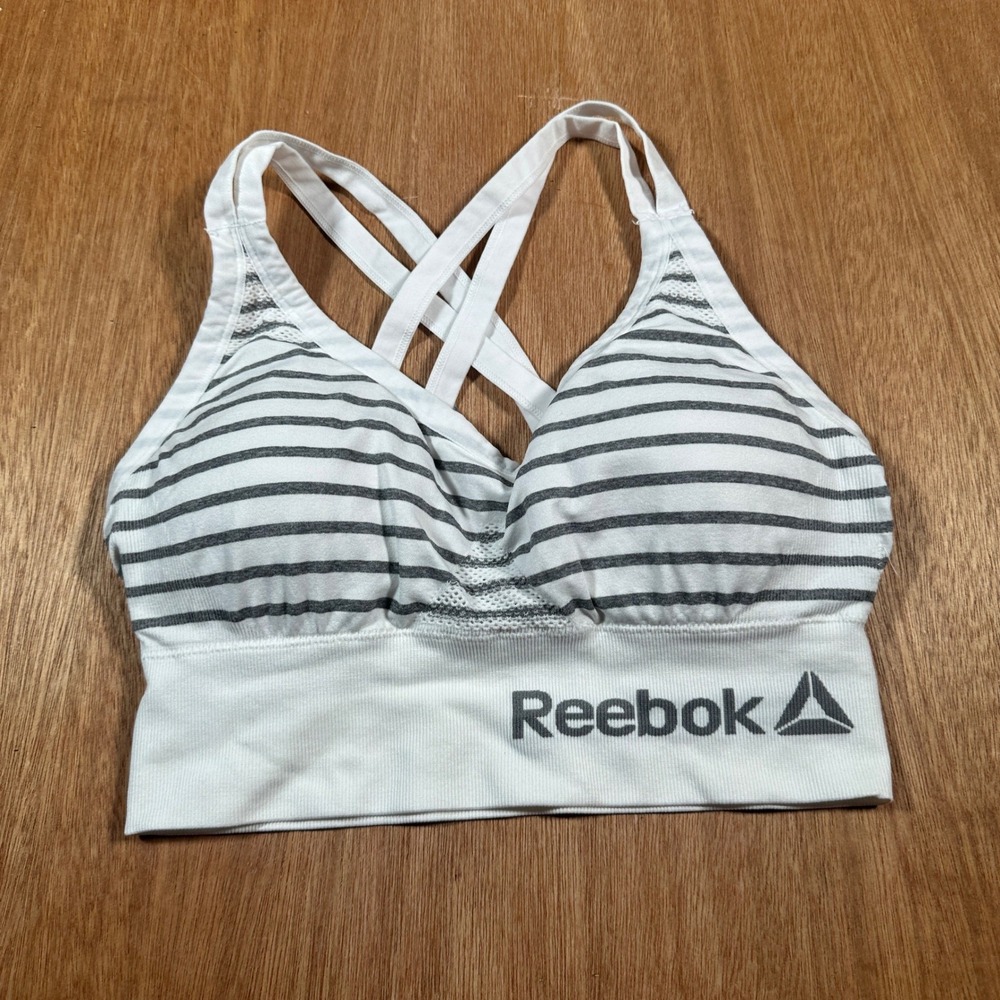 Reebok Sports Bra Womens XS White Grey Striped Crisscross Back Seamless Active